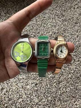 Lot of 3 Bongo Silver Tone, Bangle Watch with Lime Green Rhinestone Heart Dial